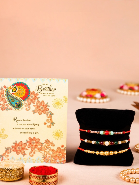 

Archies Combo Set of 3 Rakhis with Greeting Card & Roli Chawal, Multi