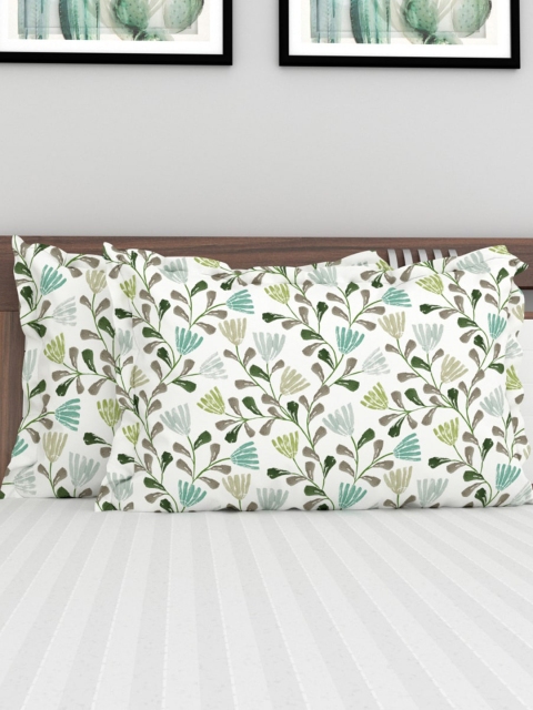 

Home Centre Set Of 2 White & Green Printed Cotton Pillow Covers