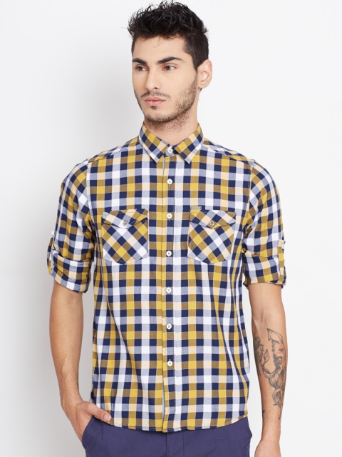 

American Swan Men Mustard Yellow & Navy Checked Casual Shirt