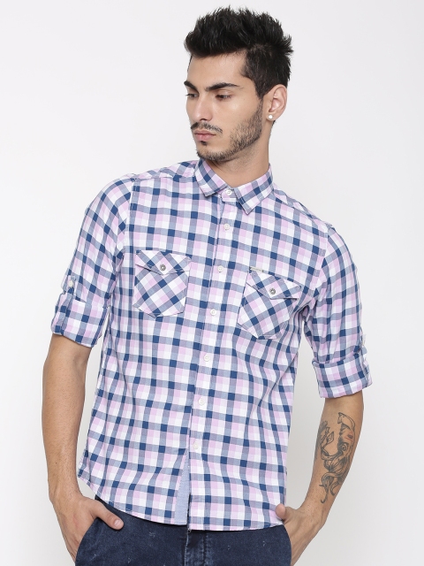 

American Swan Men Pink & Navy Checked Casual Shirt