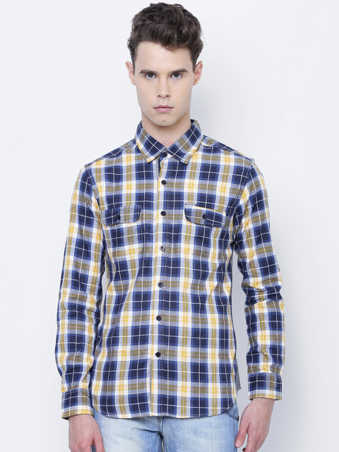 

American Swan Men Navy Blue & Mustard Yellow Checked Casual Shirt
