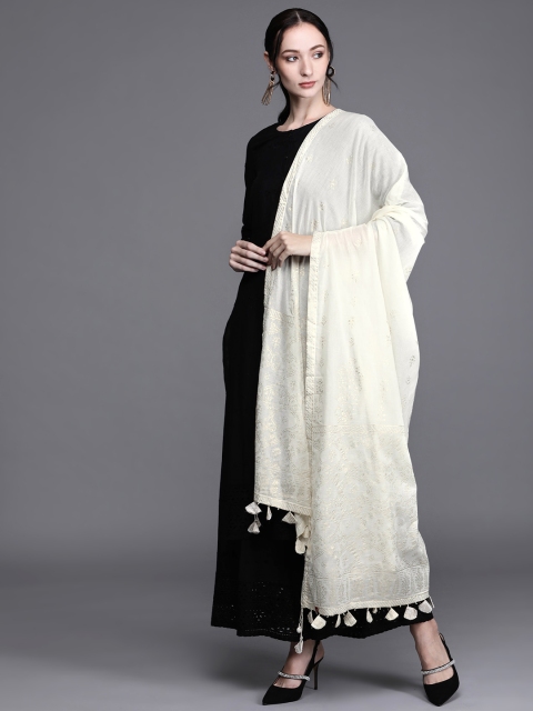 

Biba Off White & Golden Ethnic Motifs Printed Pure Cotton Dupatta with Tassels