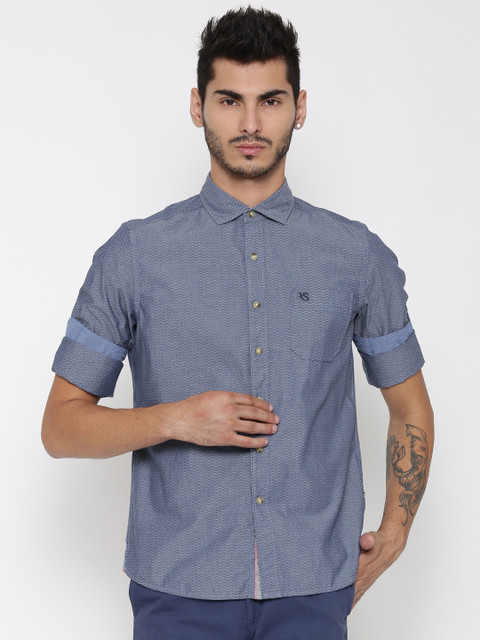 

American Swan Men Blue Smart Fit Self-Design Casual Shirt