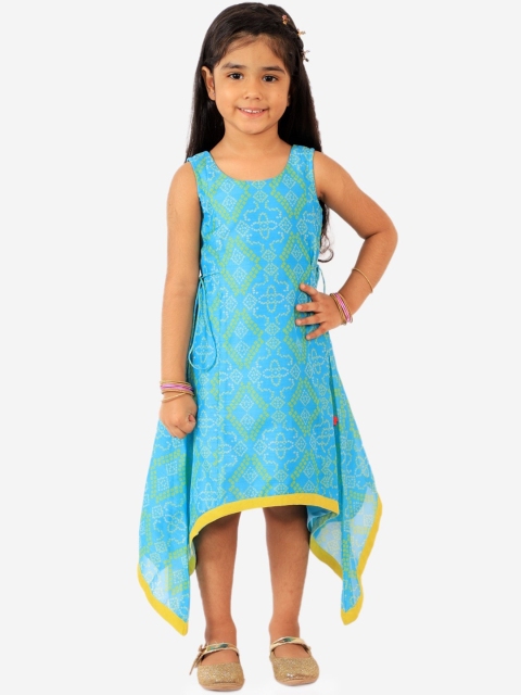 

Lil Peacock Girls Blue & Yellow Bandhani Printed Fit & Flare Midi Dress