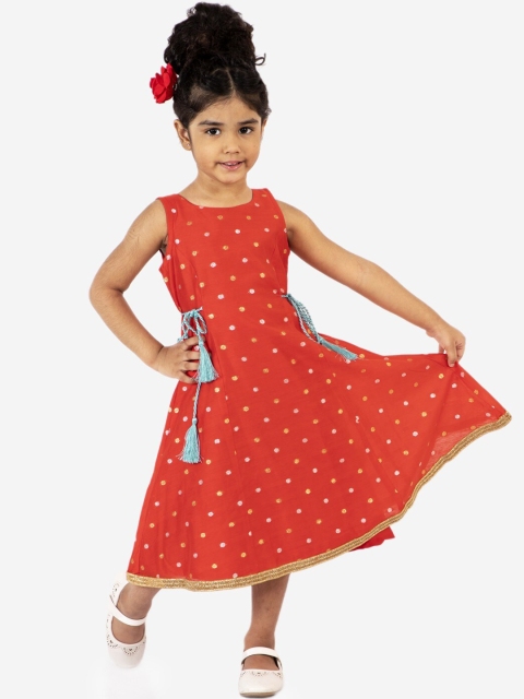 

Lil Peacock Kids Girls Orange Woven Design Round Neck A-Line Midi Dress