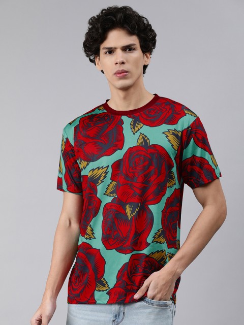 

mezmoda Men Sea Green & Red Floral Printed T-shirt