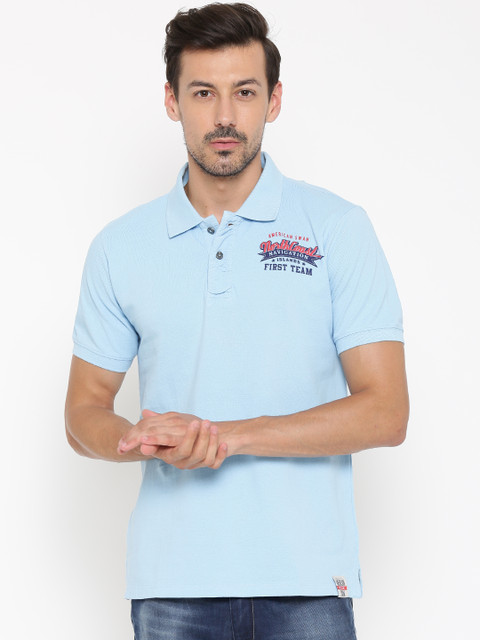 

American Swan Men Blue Solid Polo Collar T-shirt