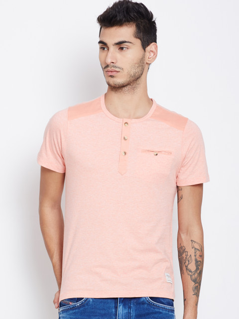 

American Swan Men Peach-Coloured Solid Henley T-shirt