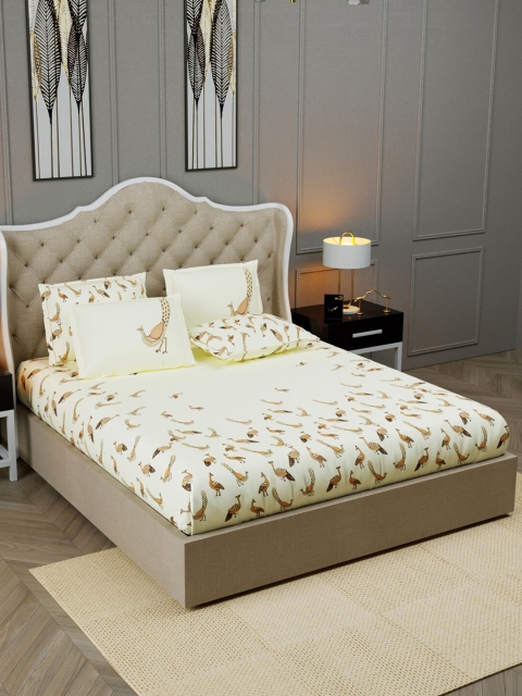 

BOMBAY DYEING Cream-Coloured & Orange Graphic 300 TC King Bedsheet with 4 Pillow Covers
