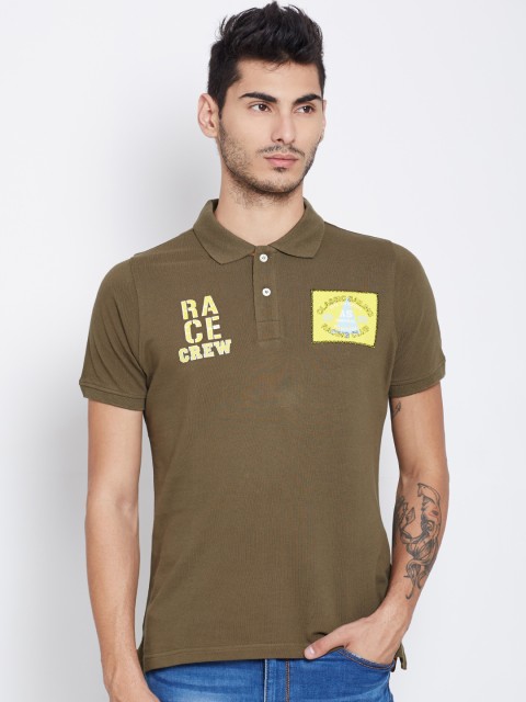 

American Swan Men Olive Green Printed Polo T-shirt