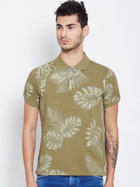 

American Swan Men Olive Green Printed Polo T-shirt