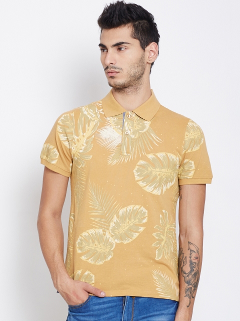 

American Swan Men Mustard Yellow Printed Polo T-shirt