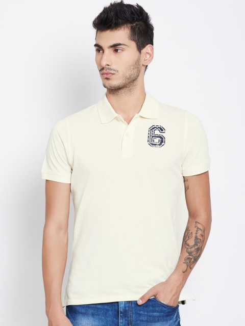 

American Swan Men Cream-Coloured Solid Polo T-shirt