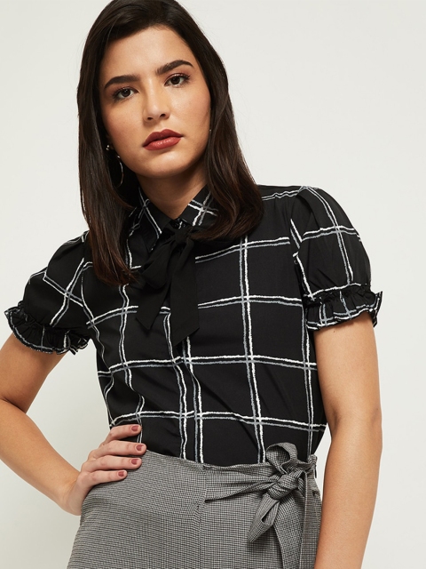 

max Women Black Checked Puff Sleeve Shirt Style Top
