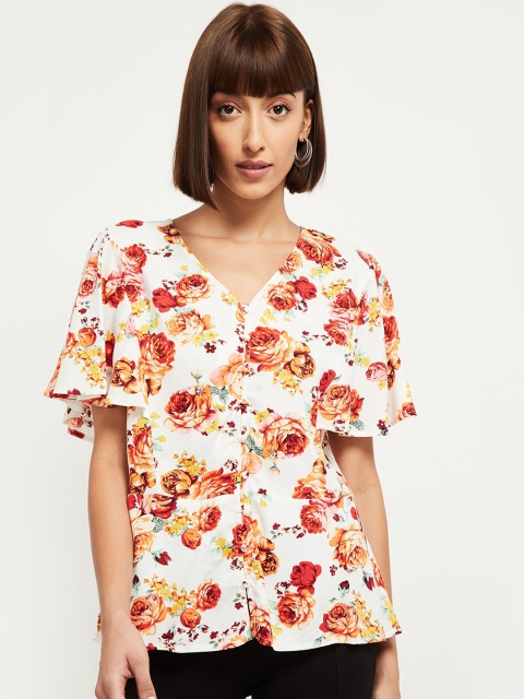 

max Women Cream-Coloured Floral Flared Sleeve Top