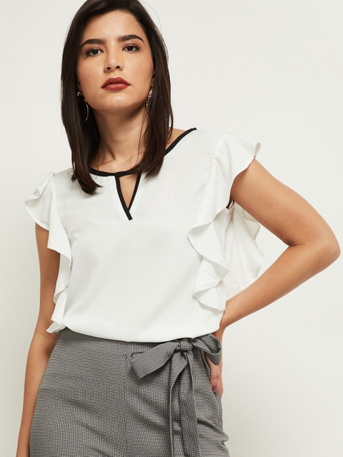 

max Women White Keyhole Neck Flutter Sleeve Regular Top