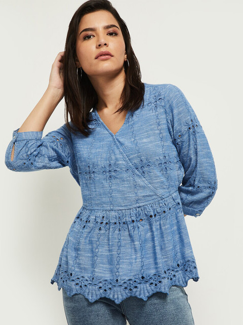 

max Women Blue Wrap Self Design Top