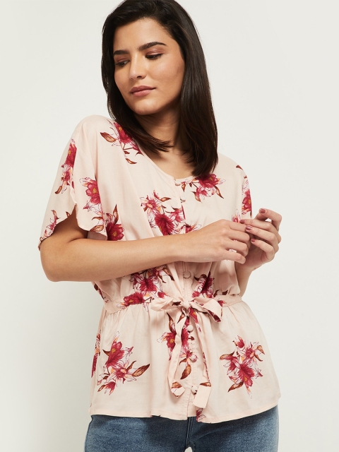 

max Women Pink Floral Flared Sleeves Waist Tie-Up Top