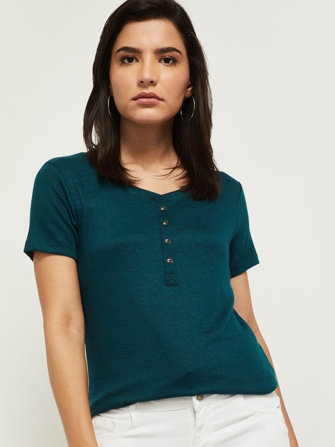 

max Women Solid Teal Regular Round Neck Top