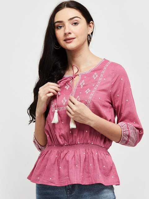 

max Women Pink Tie-Up Neck Cinched Waist Top