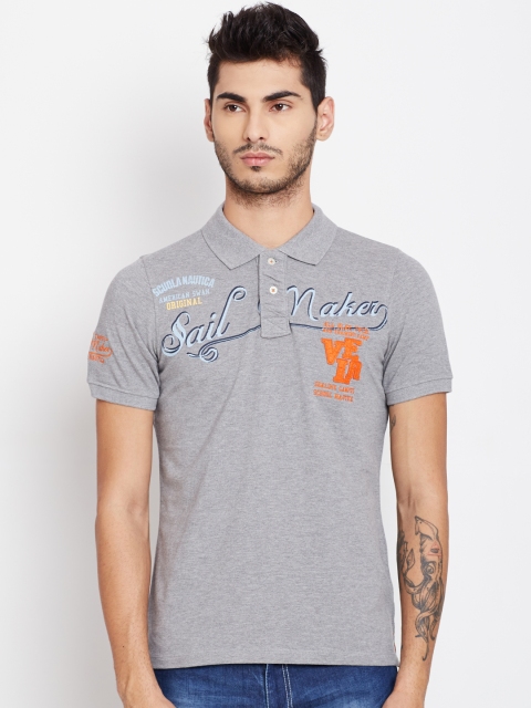 

American Swan Men Grey Melange Printed Polo T-shirt