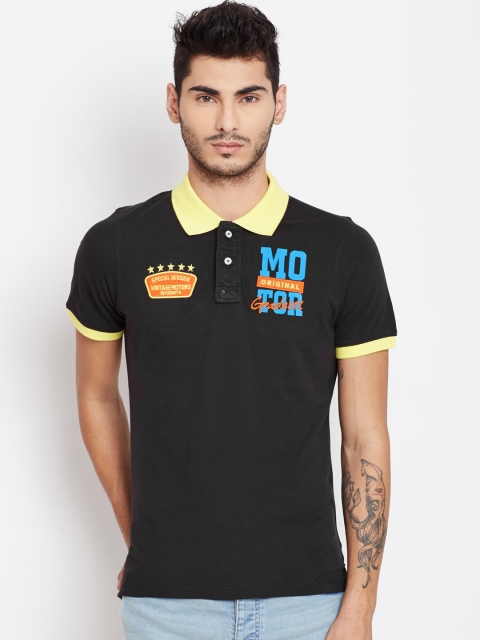 

American Swan Men Black Printed Polo Collar T-shirt