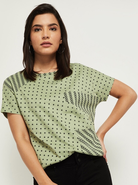 

max Women Green & Black Printed Cotton T-shirt