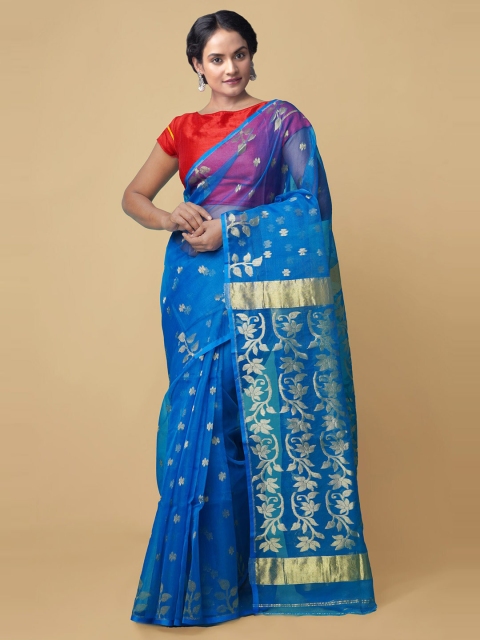 

Unnati Silks Blue & Gold-Toned Woven Design Zari Silk Cotton Maheshwari Saree