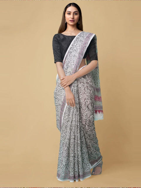

Unnati Silks Off White & Grey Ethnic Motifs Hand Block Print Sustainable Cotton Kota Saree