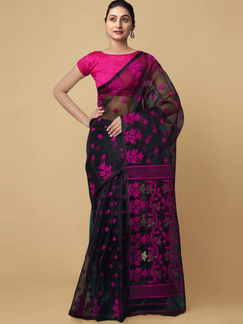 

Unnati Silks Black & Magenta Floral Silk Cotton Handloom Sustainable Maheshwari Saree