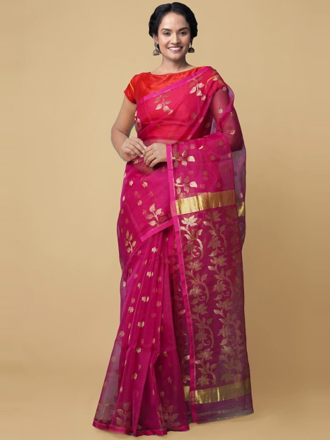 

Unnati Silks Pink & Gold-Toned Woven Design Zari Sustainable Maheshwari Saree