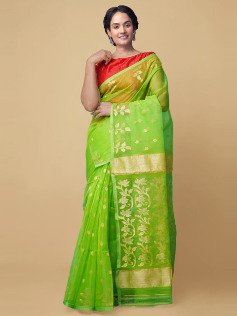 

Unnati Silks Green & Gold-Toned Woven Design Silk Cotton Maheshwari Saree