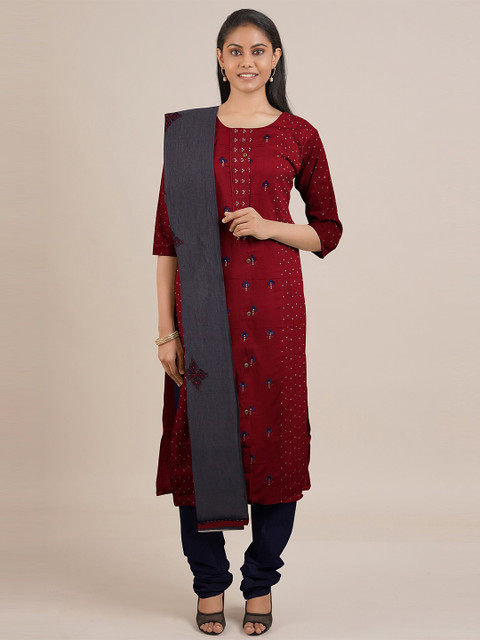 

Pothys Women Maroon & Navy Blue Unstitched Chudithar Material