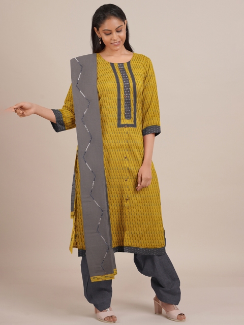 

Pothys Yellow & Grey Printed Unstitched Dress Material