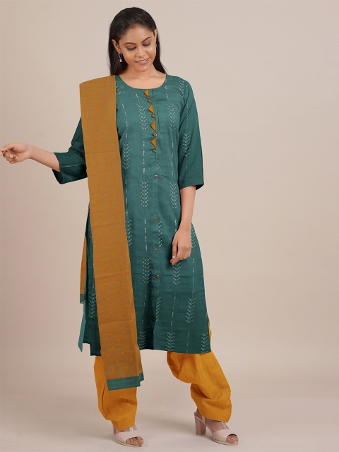 

Pothys Women Green & Mustard Yellow Embroidered Unstitched Kurta Set With Dupatta