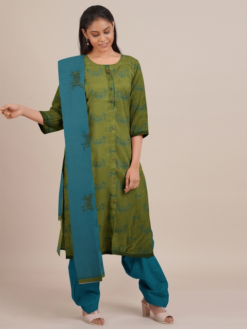 

Pothys Women Olive Green & Blue Warli Print Unstitched Kurta Set With Dupatta