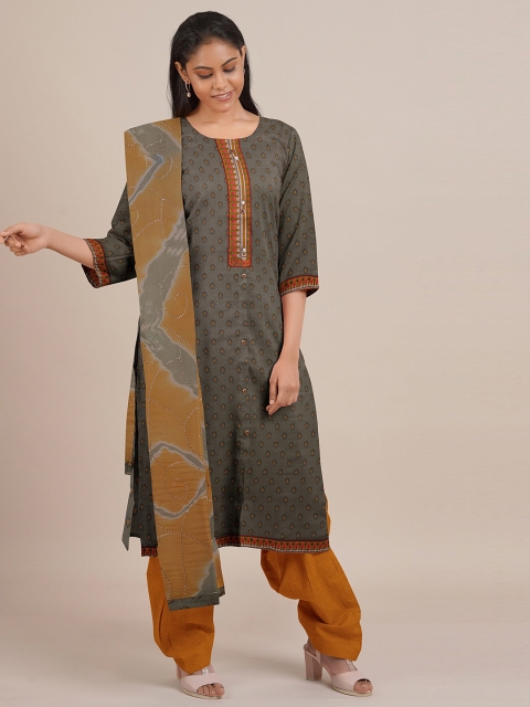 

Pothys Grey & Mustard Unstitched Dress Material