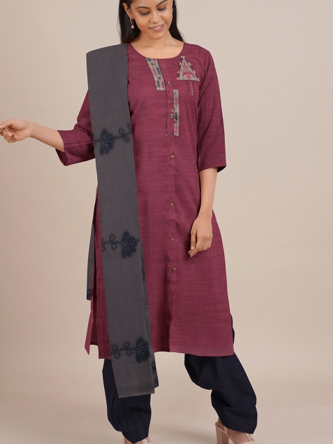 

Pothys Women Pink & Grey Applique Design Unstitched Kurta Set With Dupatta