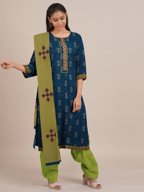 

Pothys Women Blue & Green Batch Work Printed Unstitched Kurta Set With Dupatta