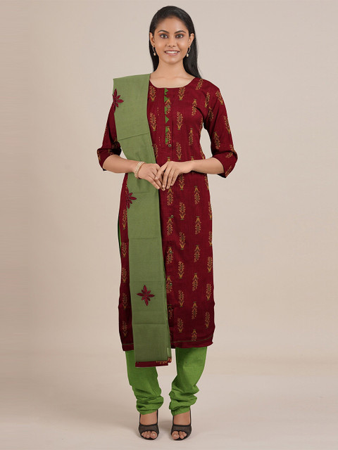 

Pothys Maroon & Green Printed Unstitched Dress Material