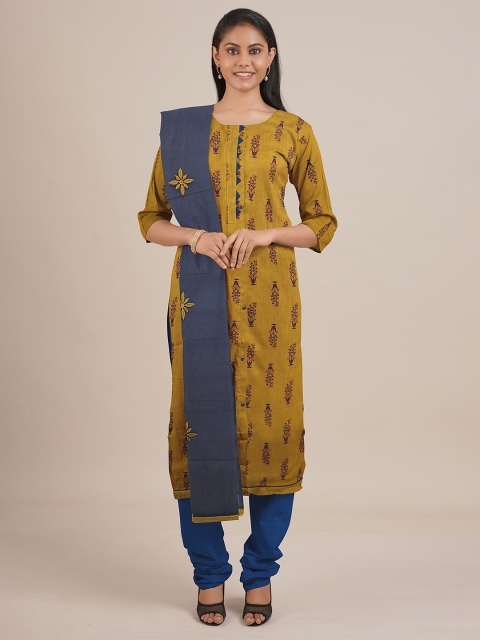 

Pothys Mustard & Navy Blue Printed Unstitched Dress Material