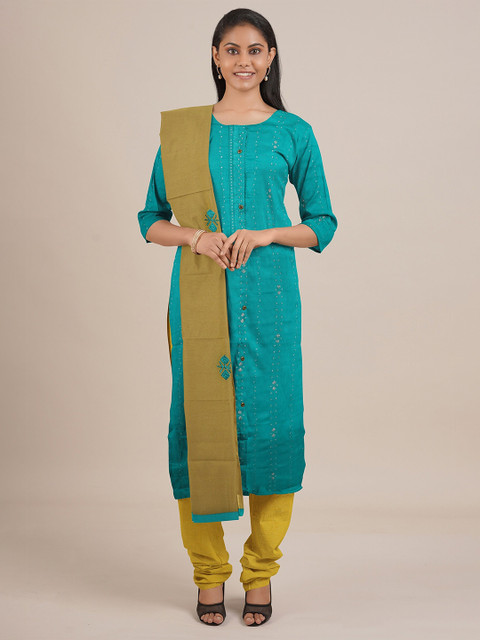 

Pothys Women Green & Yellow Unstitched Chudithar Material, Blue