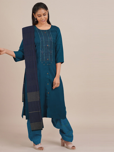 

Pothys Green Embroidered Unstitched Dress Material