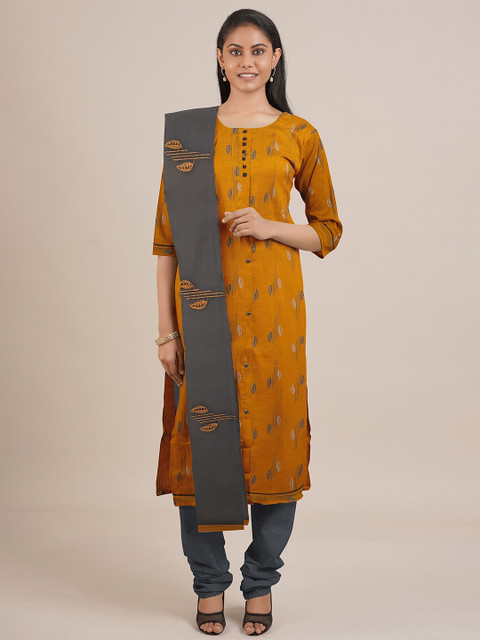 

Pothys Women Mustard Yellow & Grey Printed Unstitched Kurta Set With Dupatta