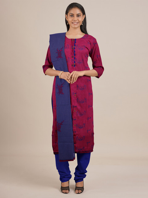 

Pothys Pink & Navy Blue Printed Unstitched Dress Material