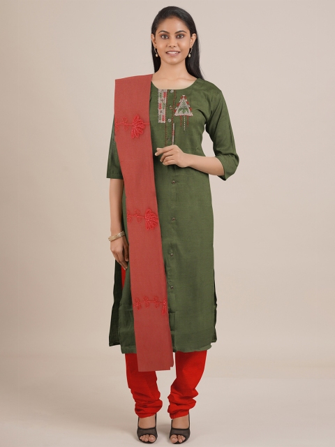 

Pothys Women Green & Rust Orange Unstitched Chudithar Material