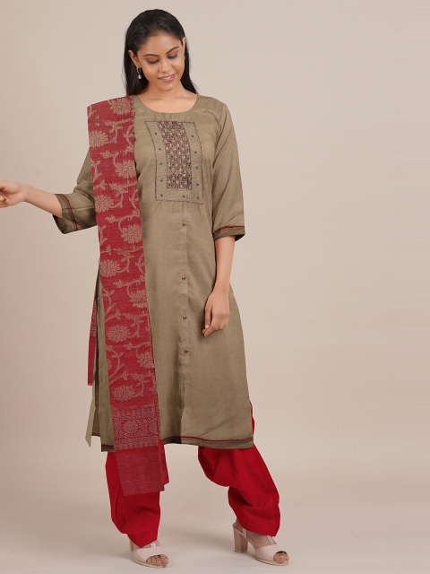 

Pothys Taupe & Red Embroidered Unstitched Dress Material