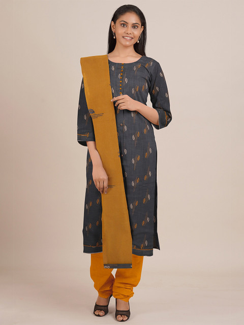 

Pothys Grey & Mustard Printed Unstitched Dress Material