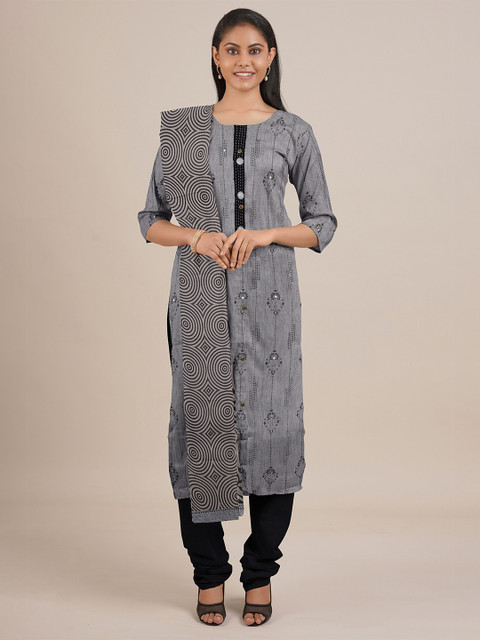

Pothys Women Grey & Black Printed Mukaish Work Unstitched Kurta Set With Dupatta
