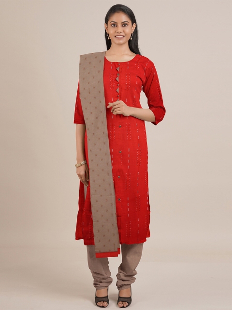 

Pothys Red & Brown Printed Unstitched Dress Material